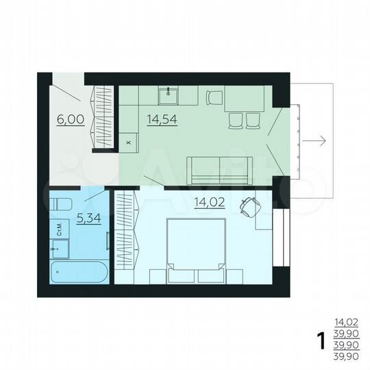 1-к. квартира, 39,9 м², 5/6 эт.