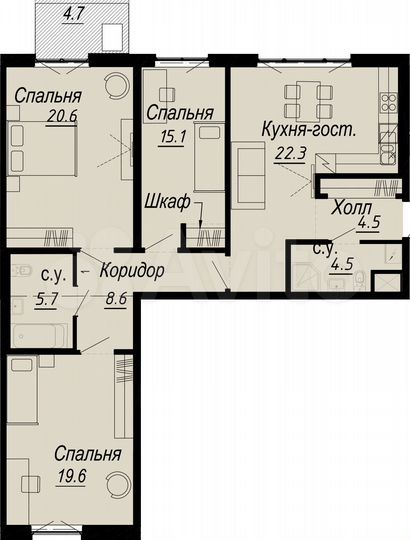 3-к. квартира, 105,1 м², 5/8 эт.