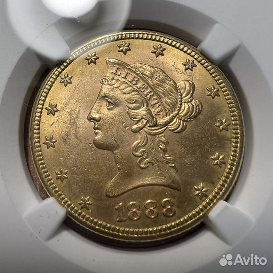 Золотая монета 10 1888-S год США MS 63 NGC
