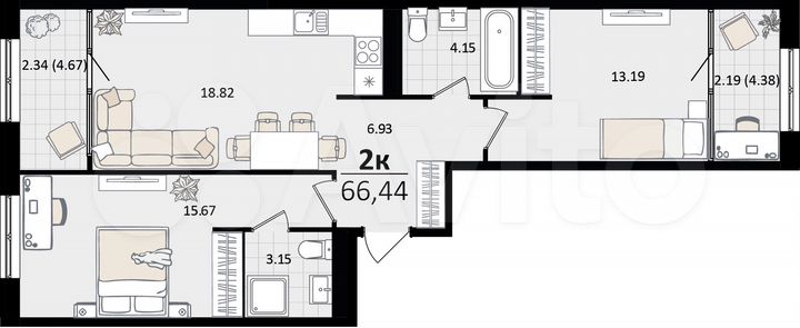 2-к. квартира, 66,4 м², 4/16 эт.