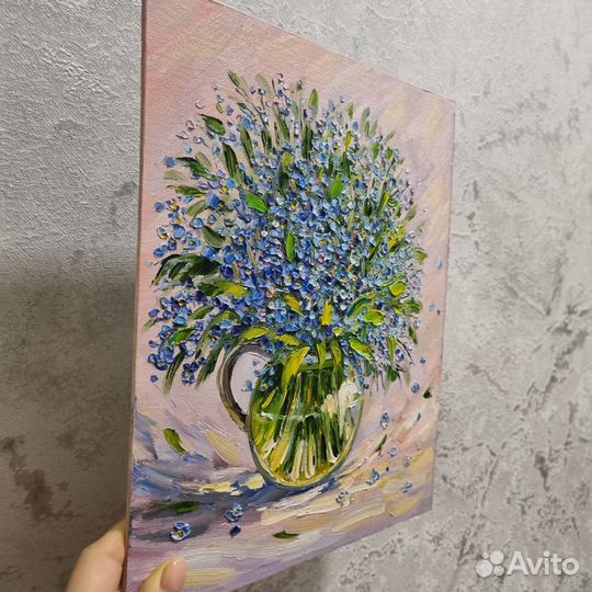 Незабудки картина маслом миниатюра цветы натюрморт