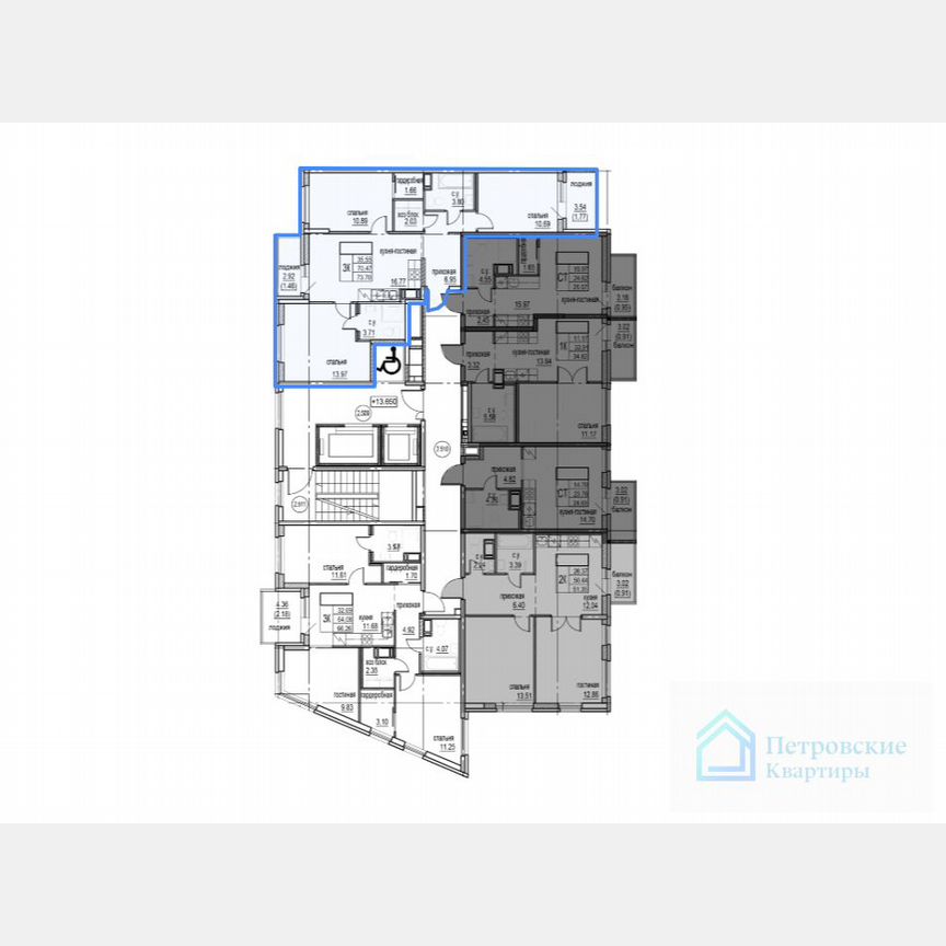 3-к. квартира, 73,7 м², 7/13 эт.