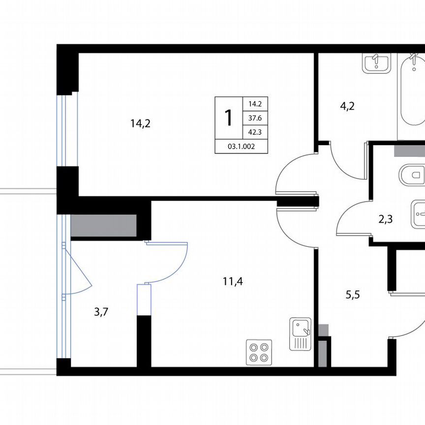 1-к. квартира, 42,3 м², 1/3 эт.