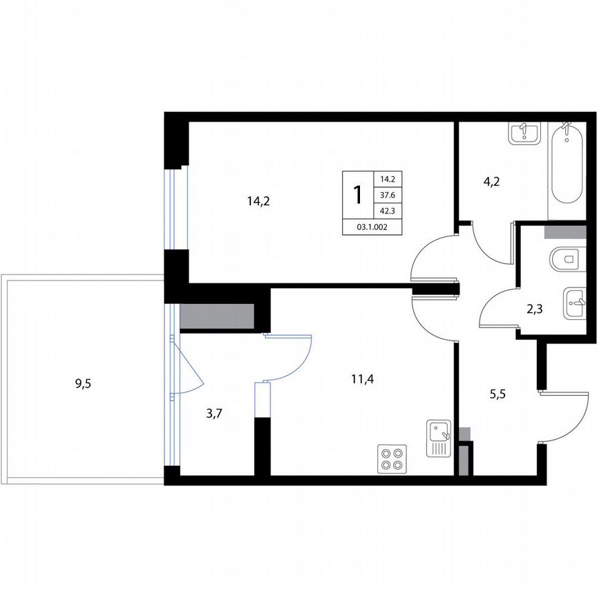 1-к. квартира, 42,3 м², 1/3 эт.