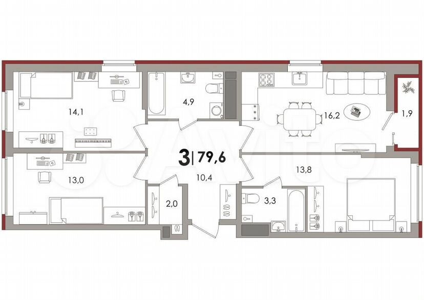 4-к. квартира, 79,6 м², 13/15 эт.