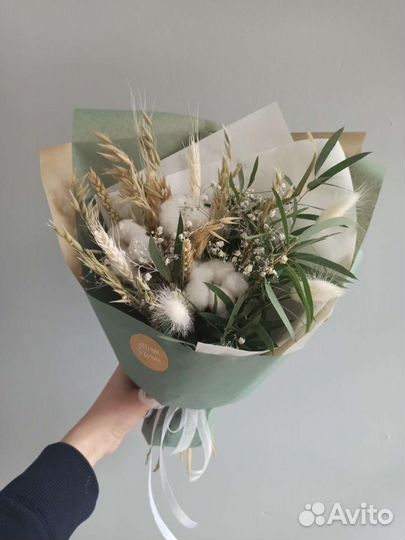 Букет из сухоцветов, хлопок, эвкалипт, гипсофила