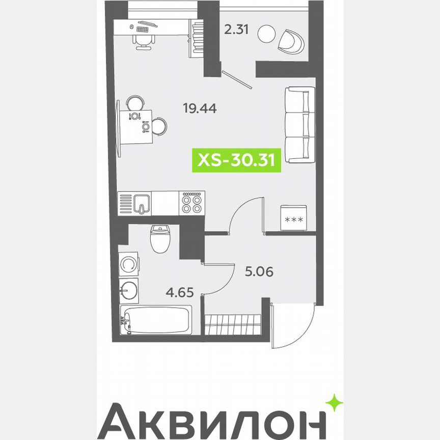 Квартира-студия, 30,3 м², 9/13 эт.