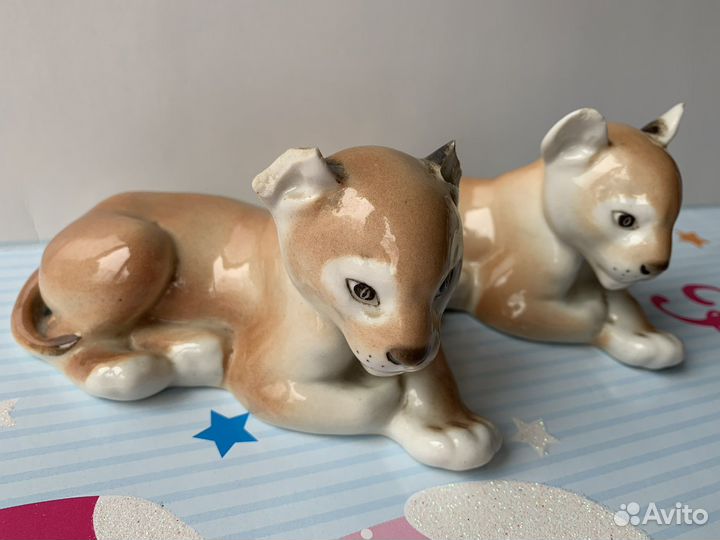 1960 СССР Львица лфз фарфор львенок лев статуэтка