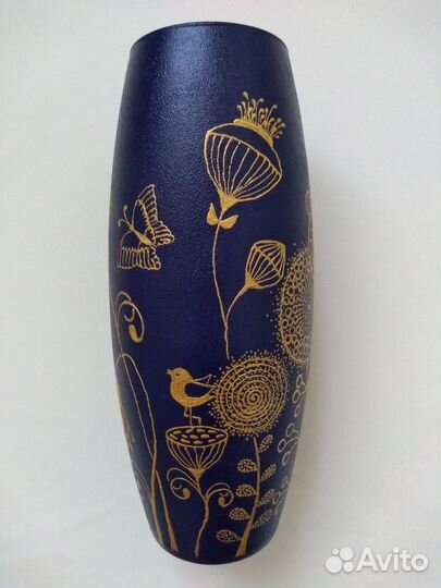 Темно-синяя ваза с ручной росписью (hand-made)