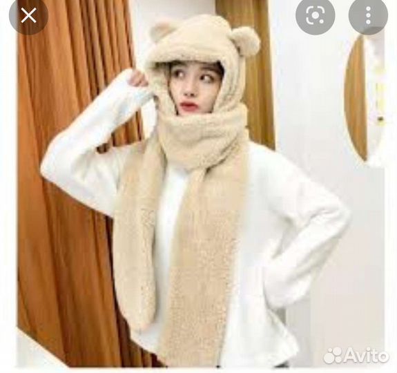 Женская шапка -шарф с ушками и ворежками