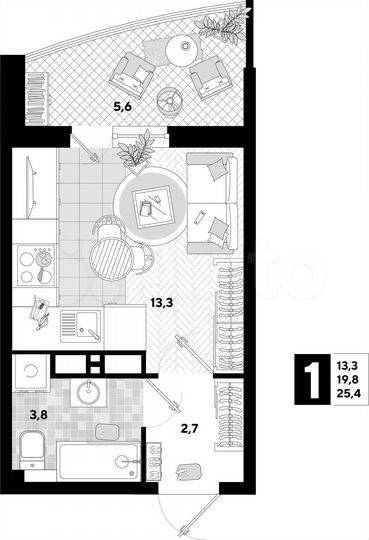 Квартира-студия, 25,4 м², 13/16 эт.