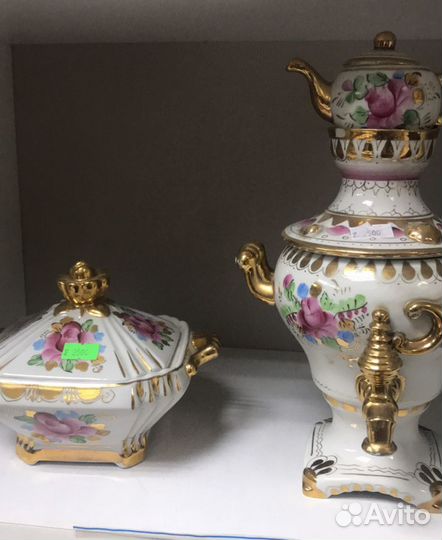 Самовар с чайником и сахарница, гжель