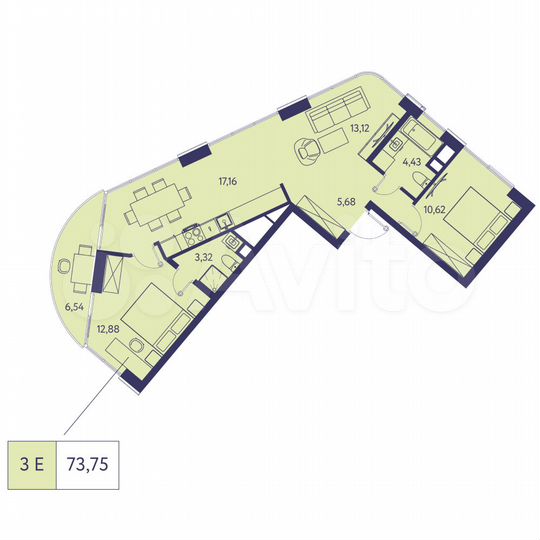 3-к. квартира, 73,8 м², 4/20 эт.