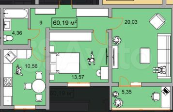 2-к. квартира, 60 м², 9/9 эт.