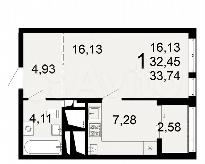 1-к. квартира, 33,7 м², 16/26 эт.
