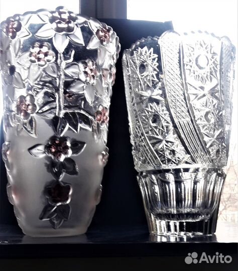2 высокие вазы хрусталь/цветное стекло(Богемия)