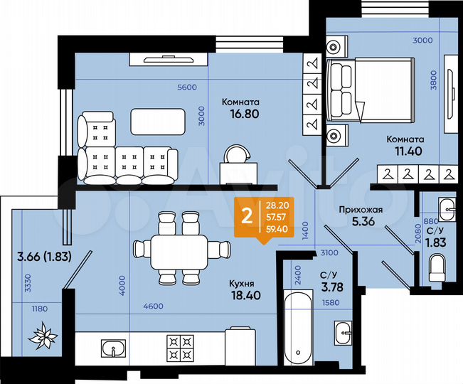 2-к. квартира, 59,4 м², 3/9 эт.