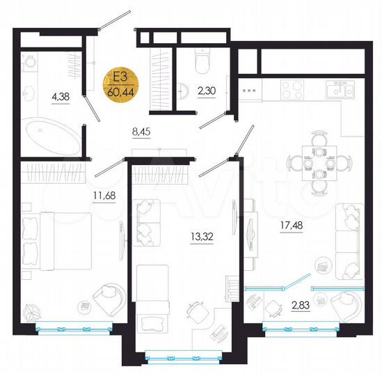 2-к. квартира, 60,4 м², 12/25 эт.