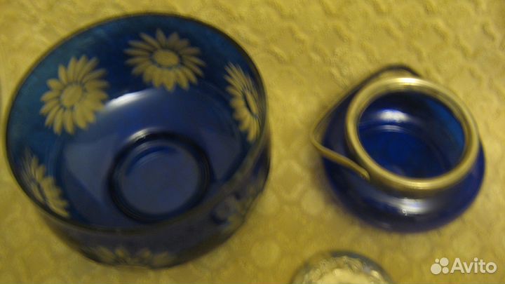 Синее резное стекло хрусталь из СССР