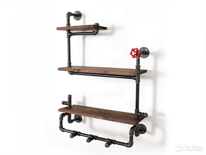 Полка для ванной с крючками в стиле лофт