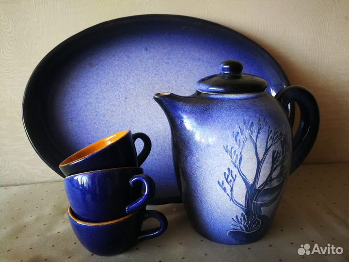 Набор ретро посуды, керамика, синий