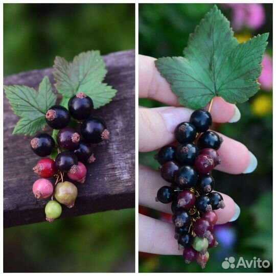 Брошь из полимерной глины ручной работы, смородина