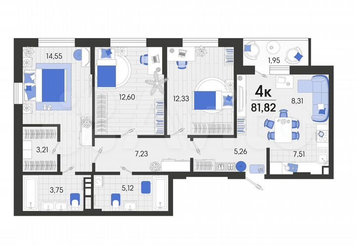 4-к. квартира, 81,8 м², 3/7 эт.