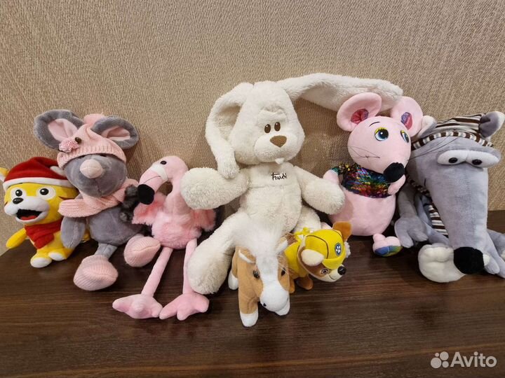 Мягкие игрушки тигр, мышка, фламинго, заяц, крыс-р
