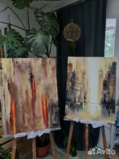 Картина маслом на холсте, город, абстракция