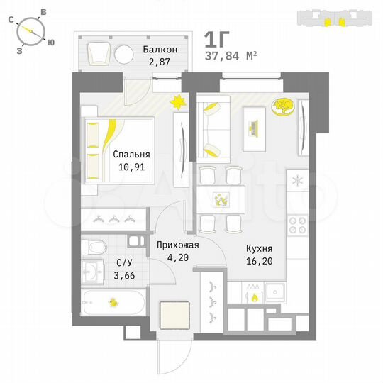 1-к. квартира, 37,8 м², 6/9 эт.