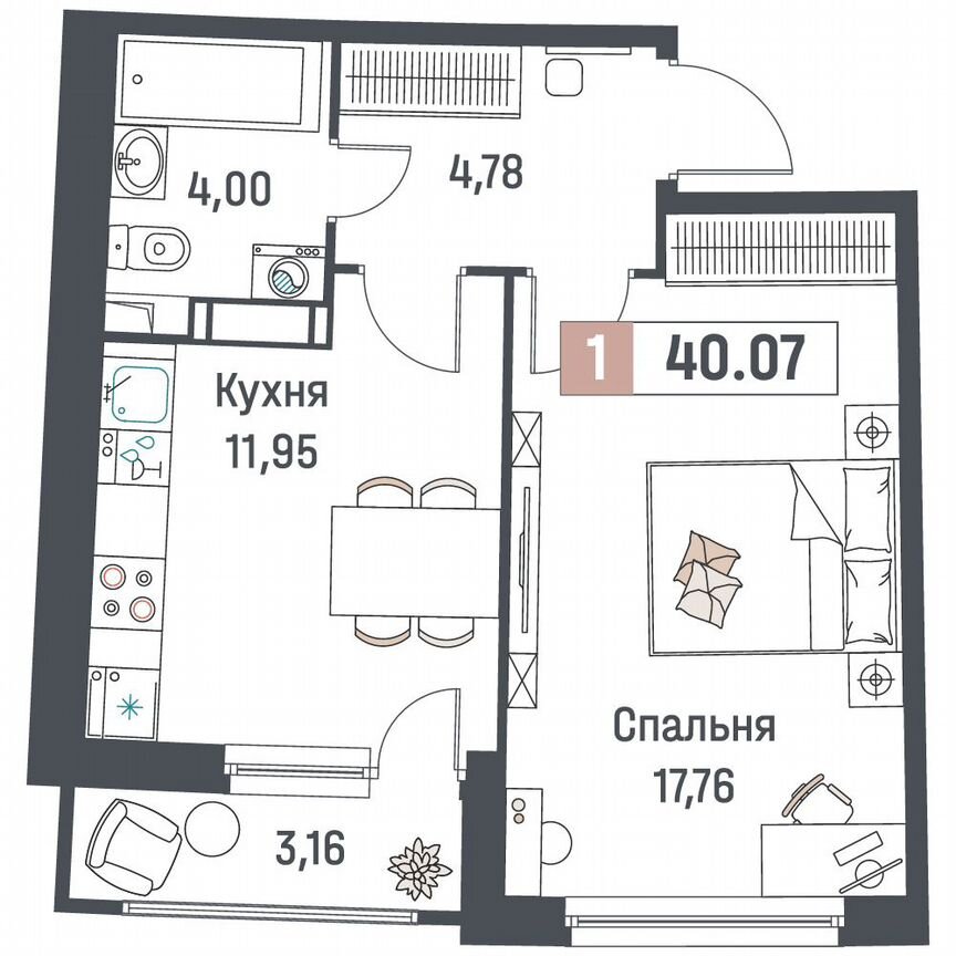 1-к. квартира, 40,1 м², 7/18 эт.