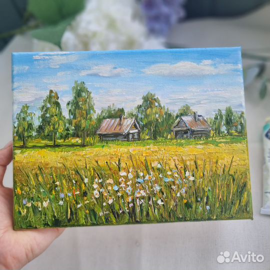 Картина маслом летний пейзаж домики цветы