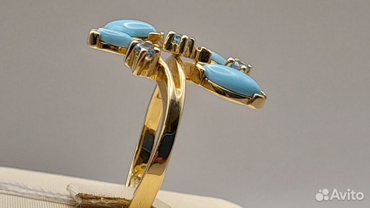 Кольцо золотое с бирюзой и голубым топазом 585 про