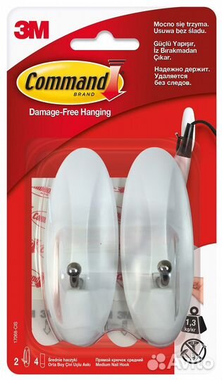 Оптом Крючок прямой самоклеющийся Command, белый