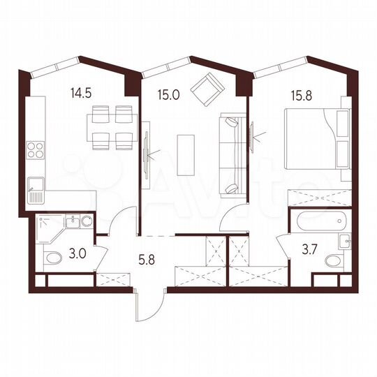 2-к. квартира, 57,8 м², 12/26 эт.