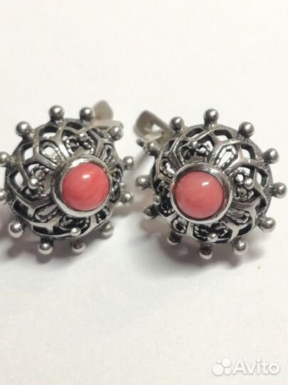 Серебряные серьги из СССР коралл натуральный