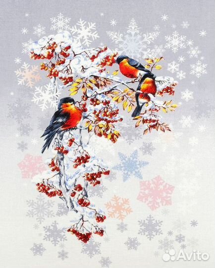 Ткань рогожка со снегирями