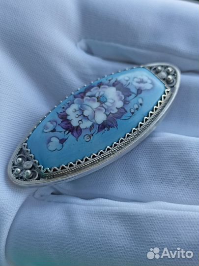 Брошь СССР мельхиор скань финифть голубая