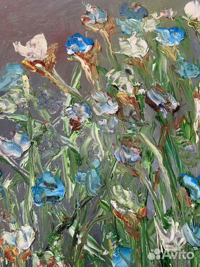 Картина интерьерная текстурная, маслом «Ирисы«