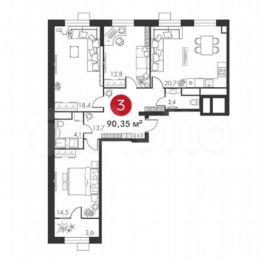 3-к. квартира, 90,4 м², 3/23 эт.