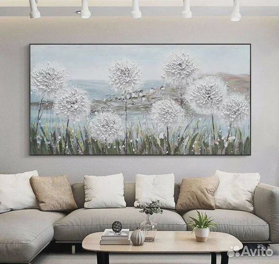 Картина маслом с Белыми одуванчиками