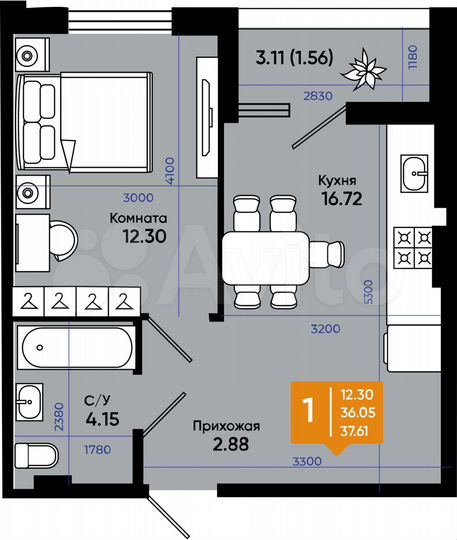 1-к. квартира, 37,6 м², 4/9 эт.