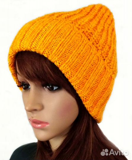 Вязаная шапка бини, шапка с отворотом