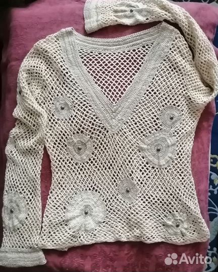 Вязаный х/б пуловер-сетка на жару. Размер 46-48