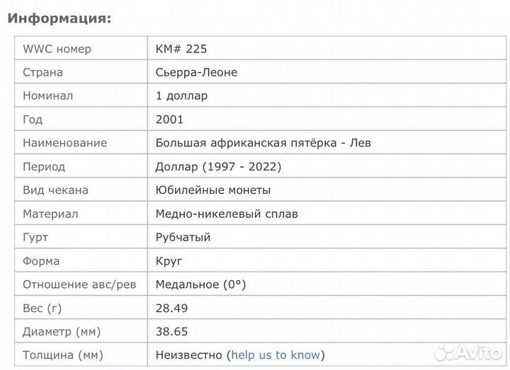 Монета The Big five Lion 2001