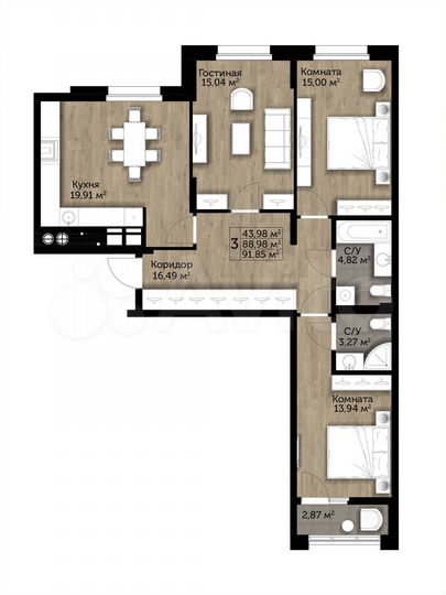 3-к. квартира, 91,5 м², 10/11 эт.