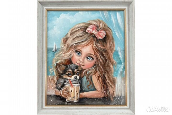 Картина маслом в рамке Дама с собачкой