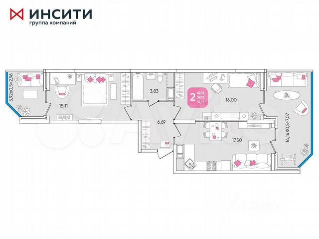 2-к. квартира, 69,4 м², 2/24 эт.