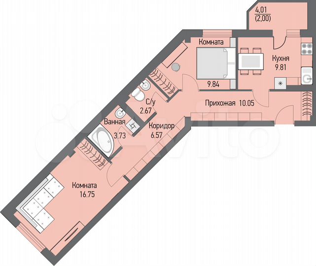 2-к. квартира, 60,2 м², 10/16 эт.