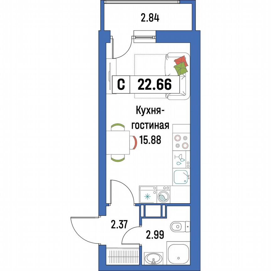 Квартира-студия, 22,7 м², 9/16 эт.